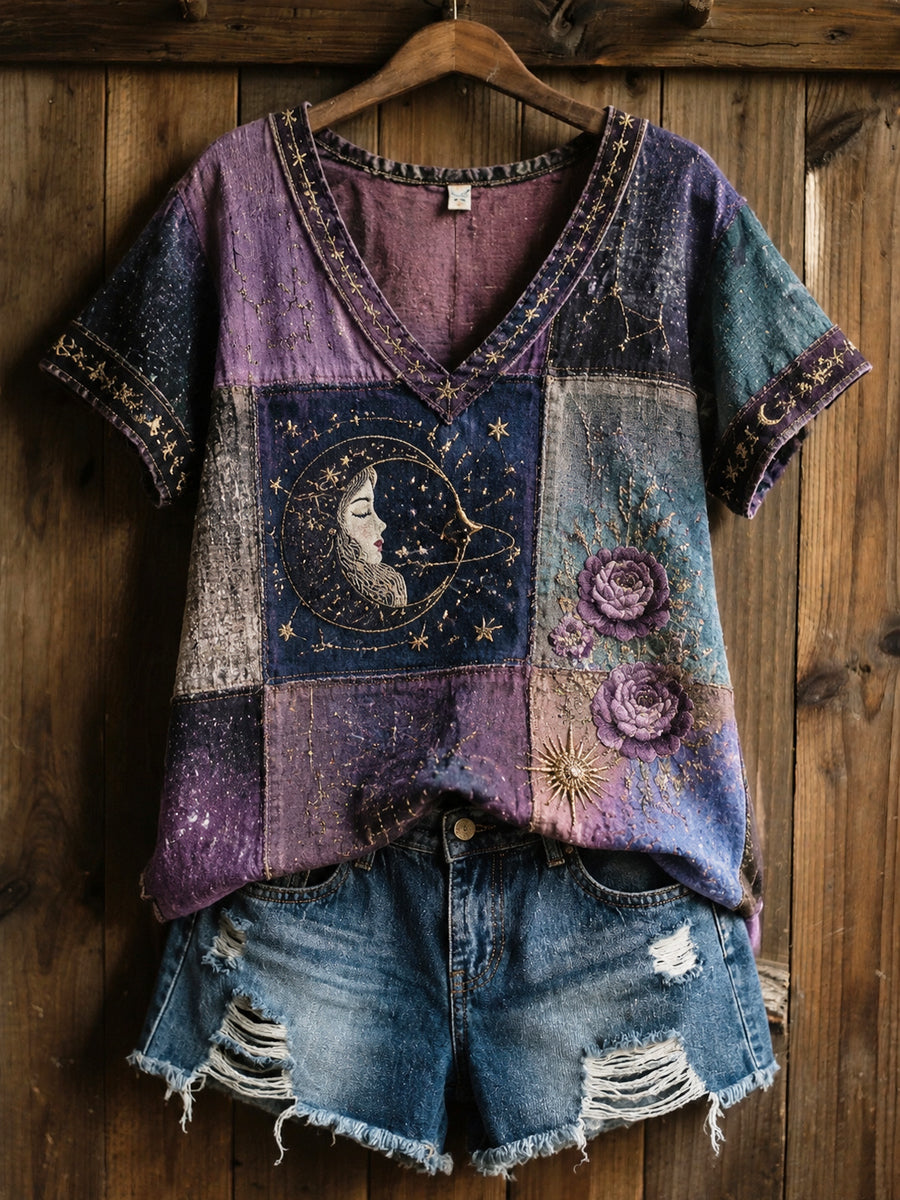 Rétro Zodiaque Floral Patchwork Casual Coton-Lin T-shirt