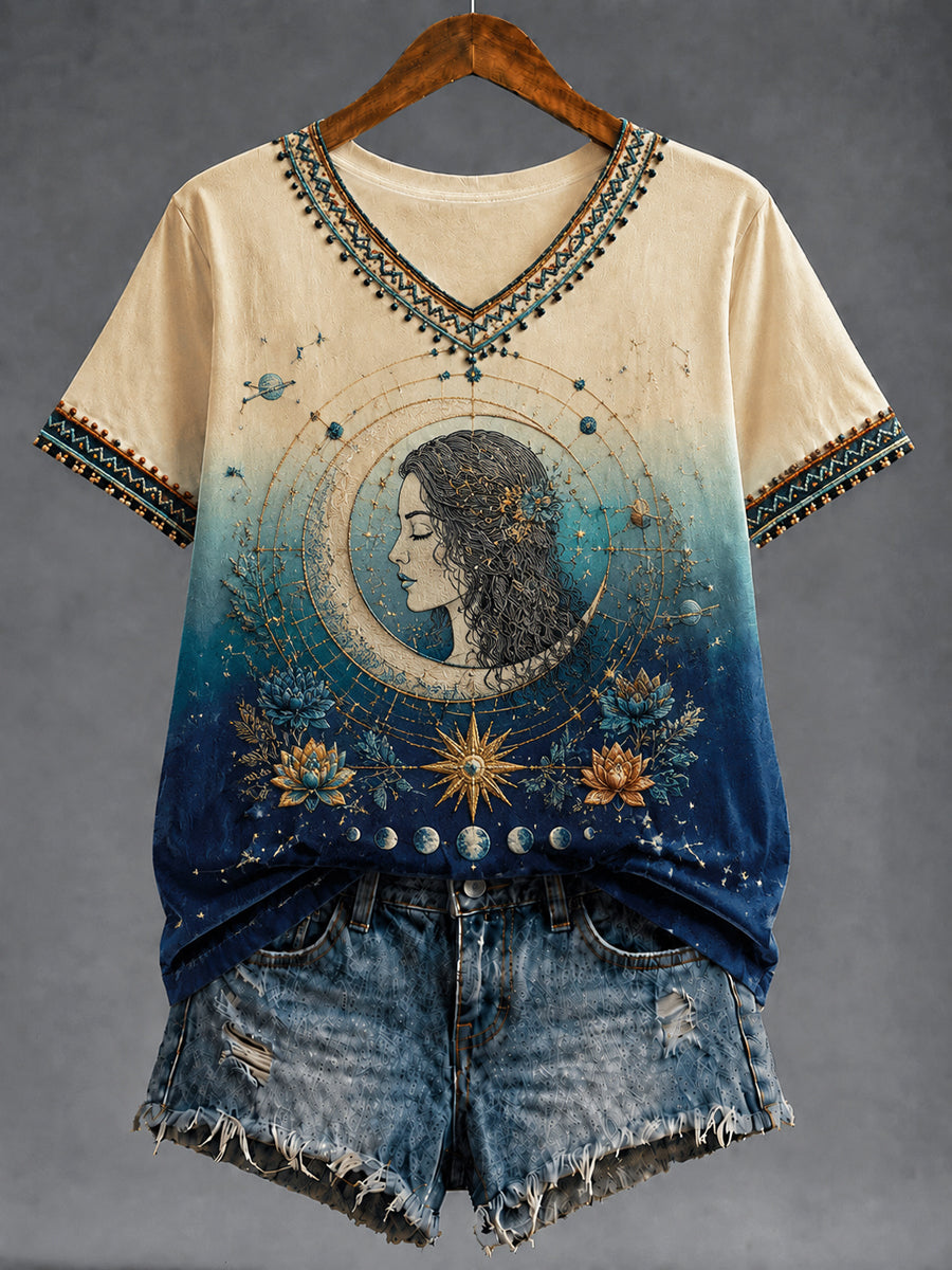 Retro Zodiac Art Gradient T-shirt à col en V décontracté pour femmes