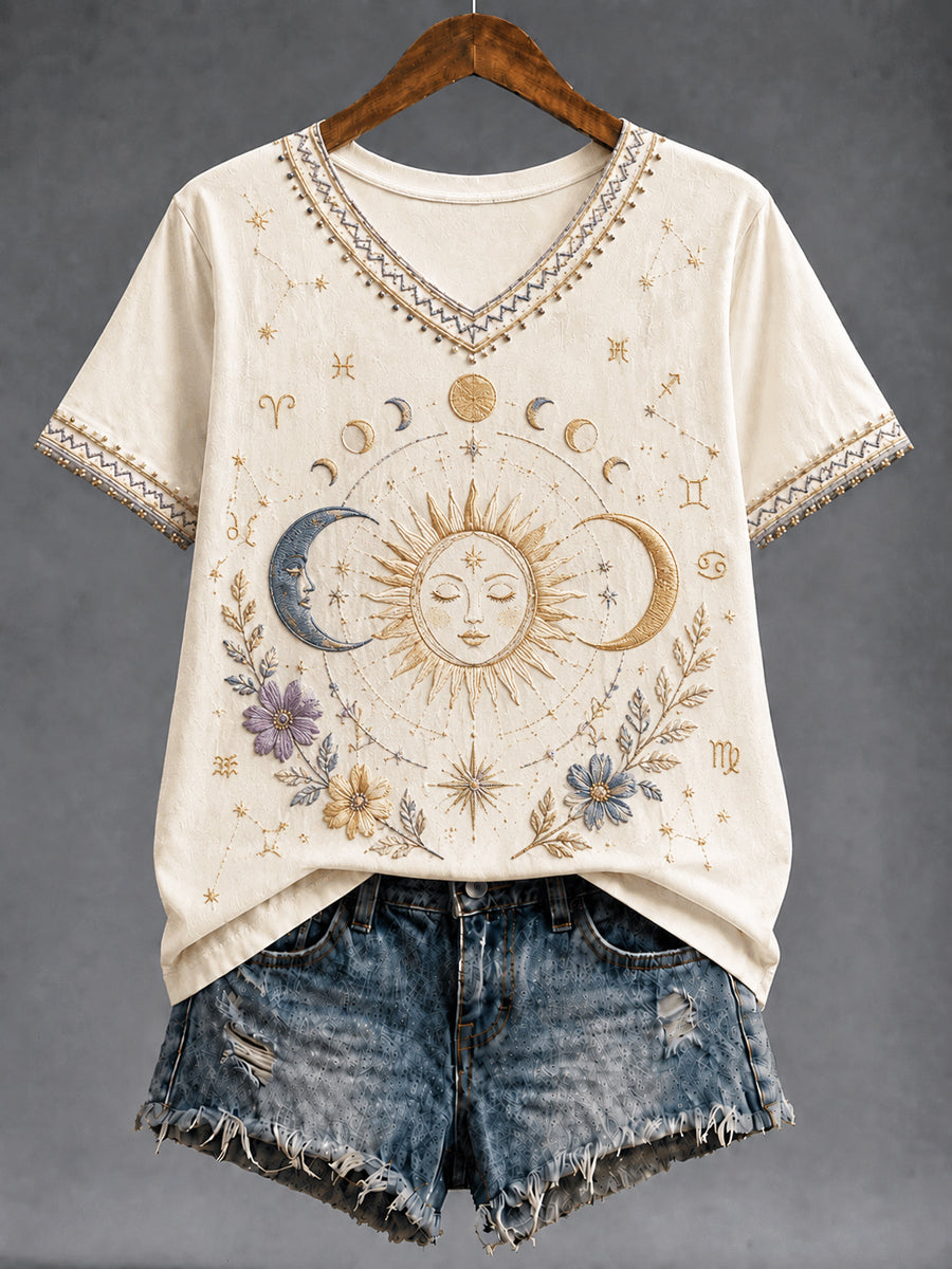 T-shirt à col en V rétro Zodiac classique pour femmes