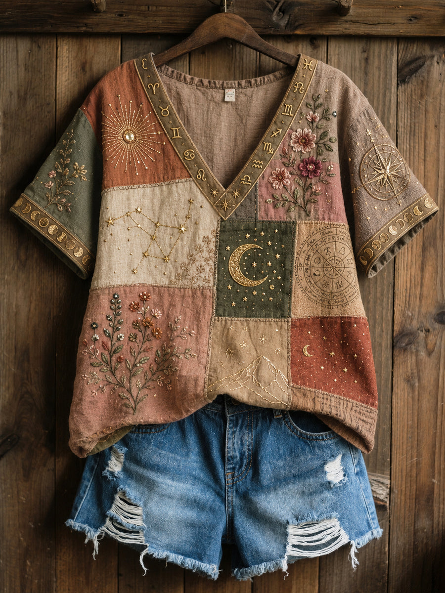 Vintage Art Zodiaque Floral Patchwork Casual Coton-Lin T-Shirt