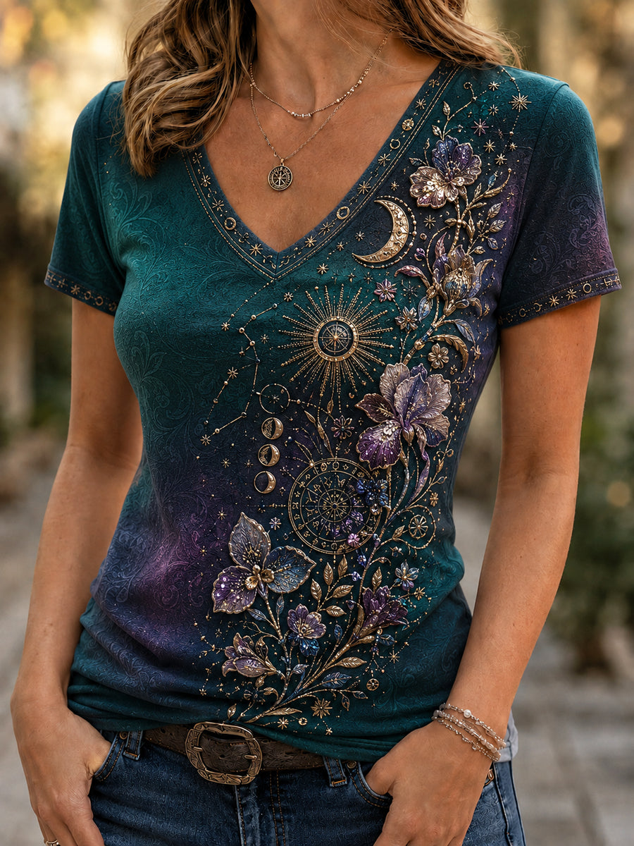 T-shirt décontracté rétro Zodiac Floral Art pour femmes