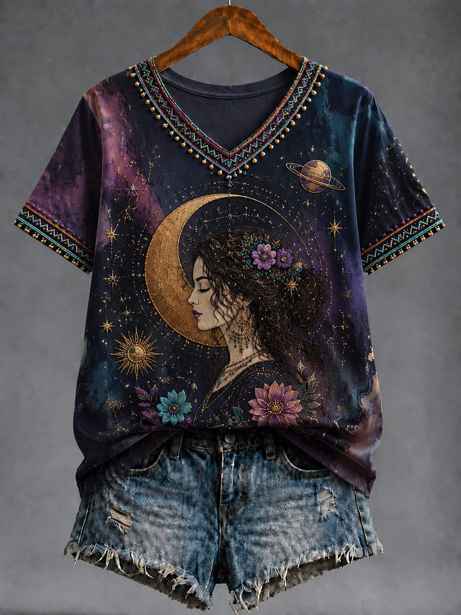 Retro Zodiac Art Casual T-shirt à col en V pour femmes