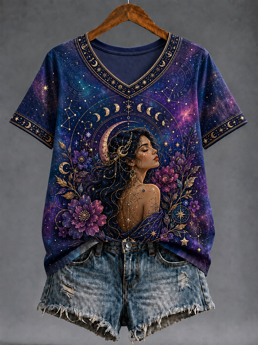 T-shirt rétro Zodiac Starry Sky classique décontracté à col en V pour femmes