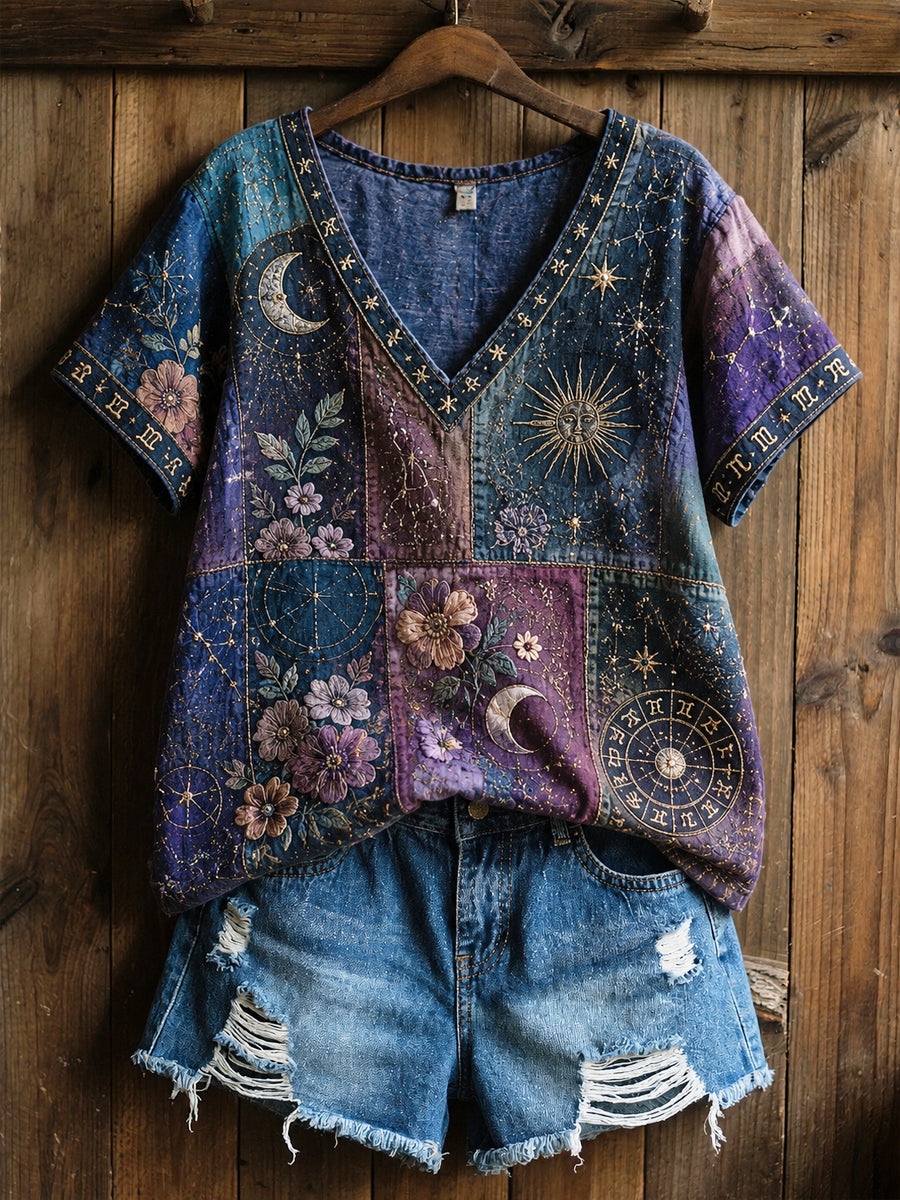 Rétro Zodiaque Floral "Healing Art" Coton-Lin T-shirt