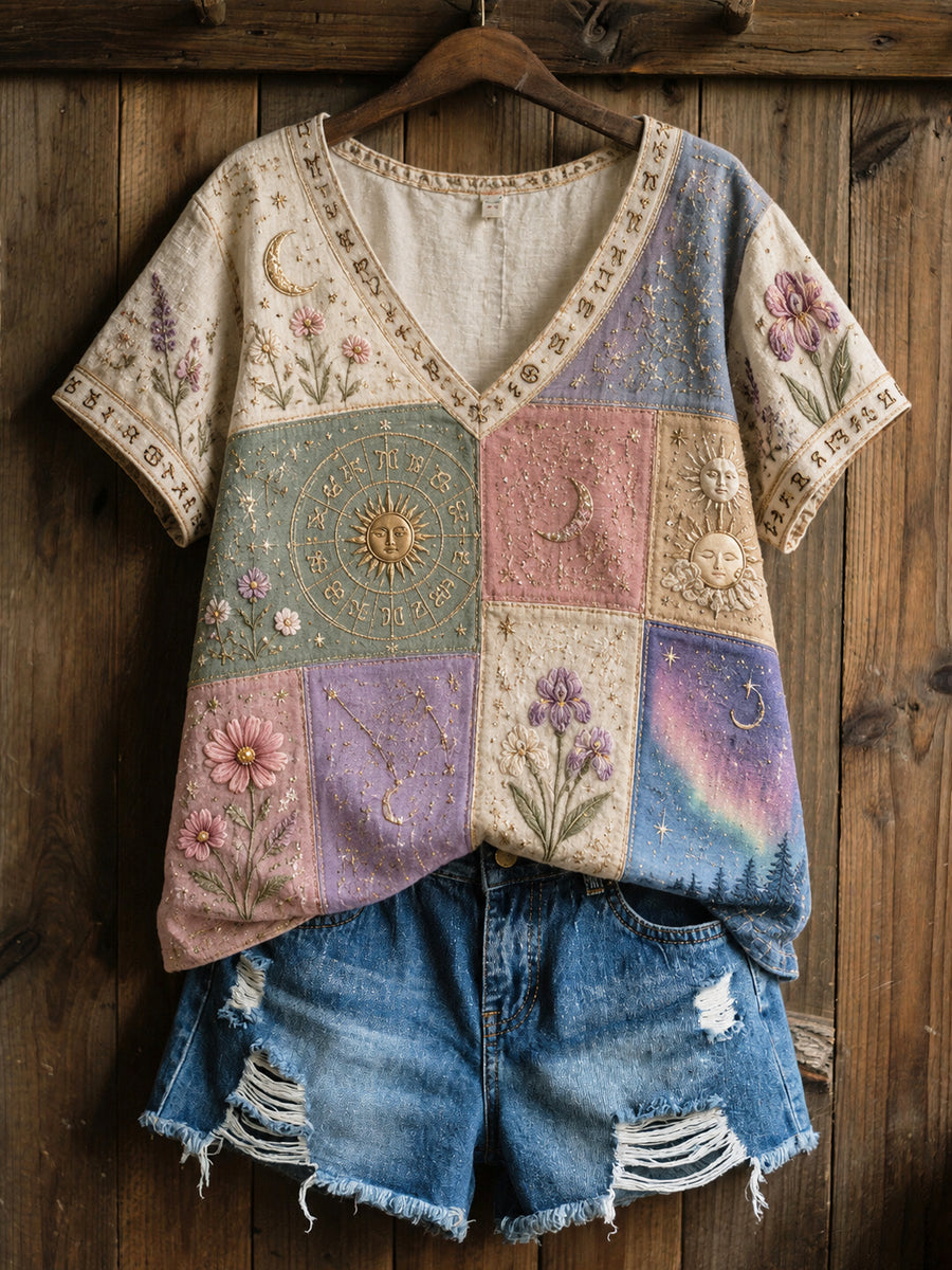 Rétro Zodiaque Floral confortable décontracté en coton-lin T-shirt