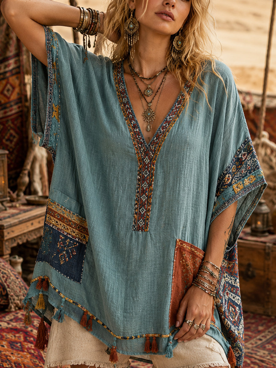 Haut à col en V imprimé, style bohème pour femme, au toucher coton‑lin