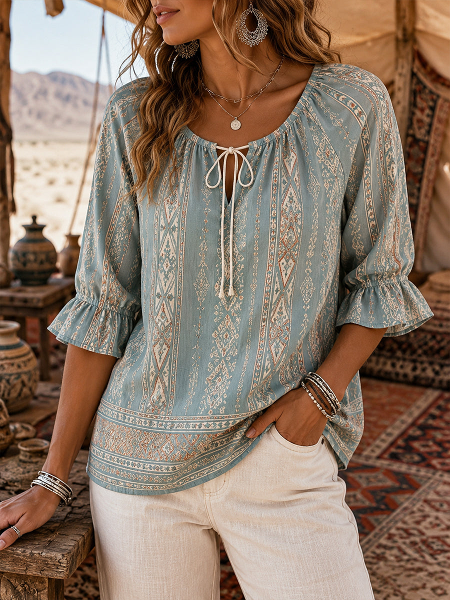Haut à col en V imprimé, style bohème pour femme, au toucher coton‑lin