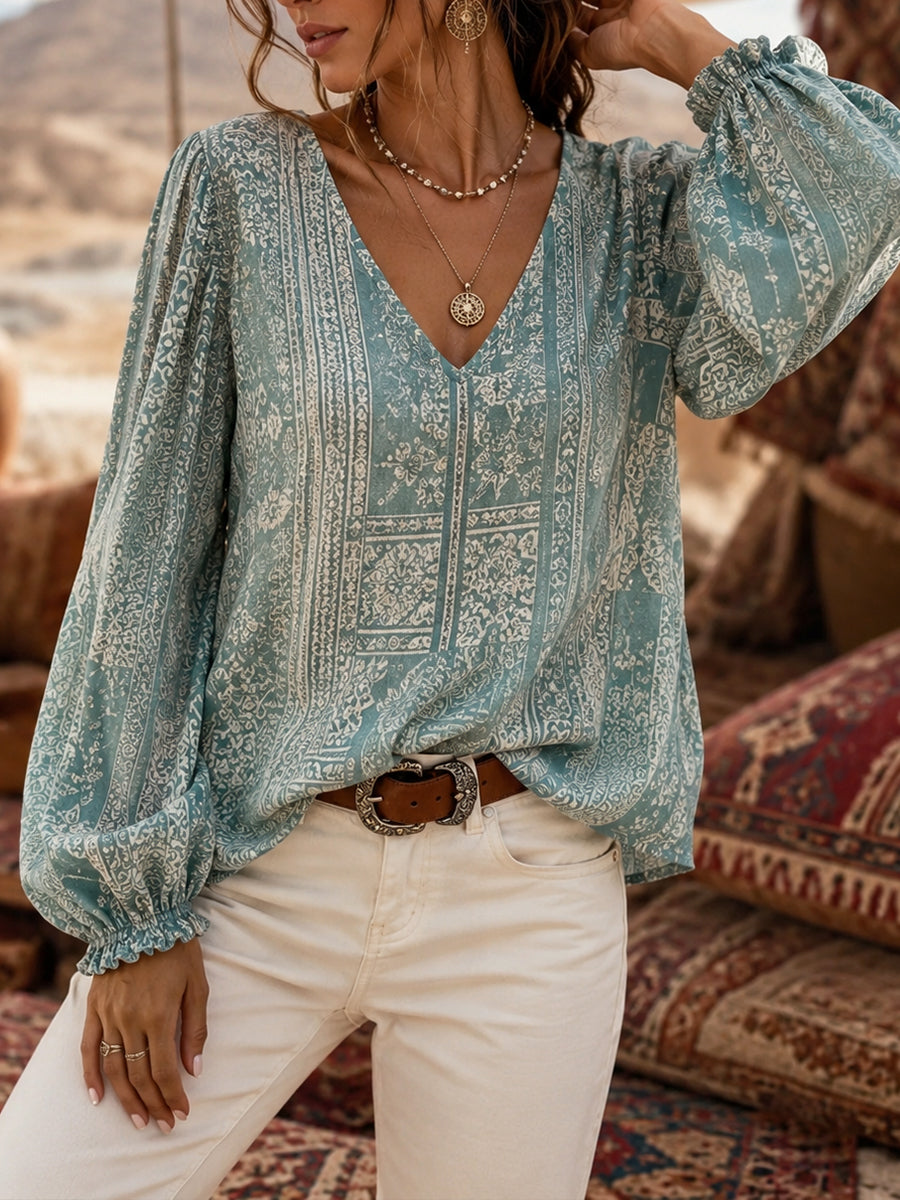 Haut à col en V imprimé, style bohème pour femme, au toucher coton‑lin