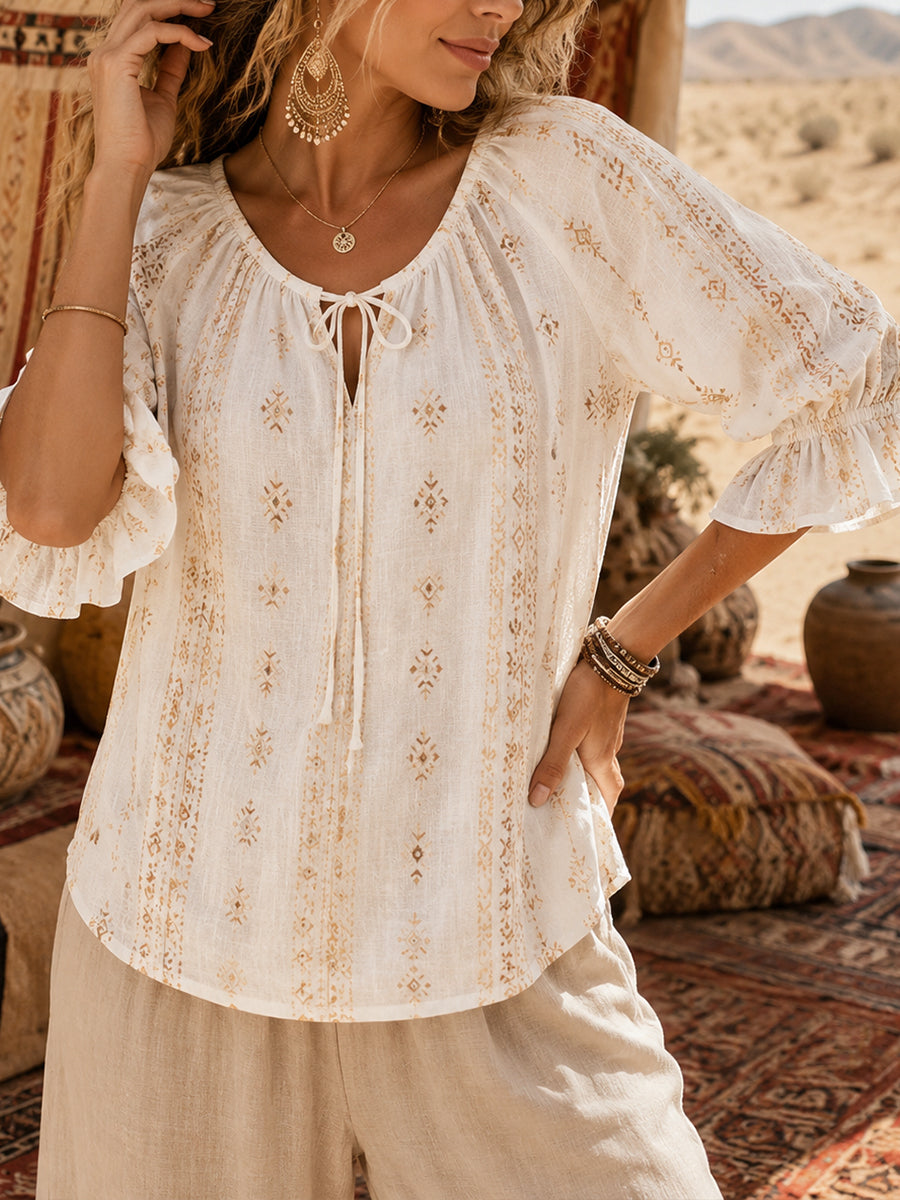 Haut à col en V imprimé, style bohème pour femme, au toucher coton‑lin