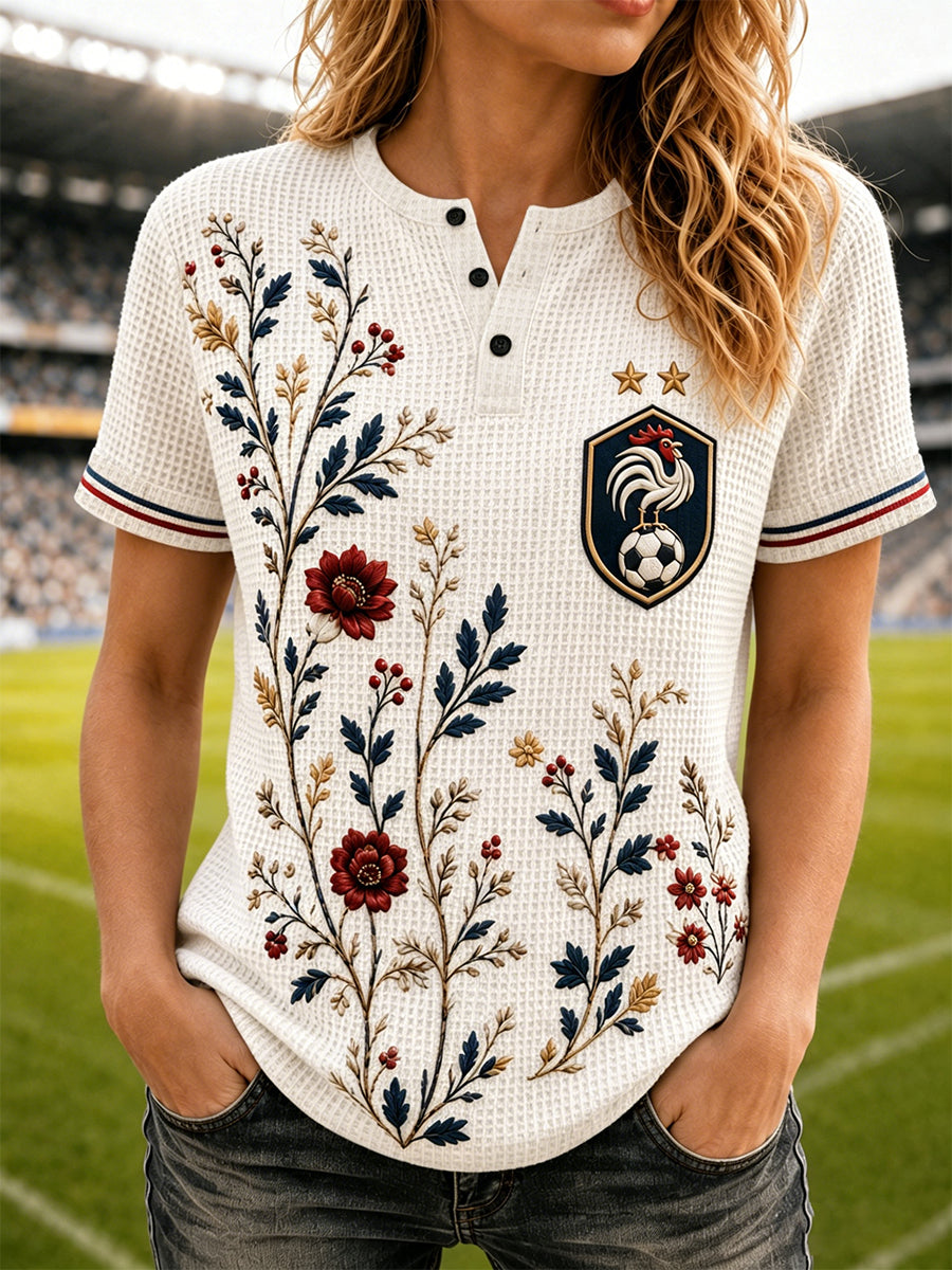 T-shirt à manches courtes en tissu gaufré floral inspiré du football français pour femme