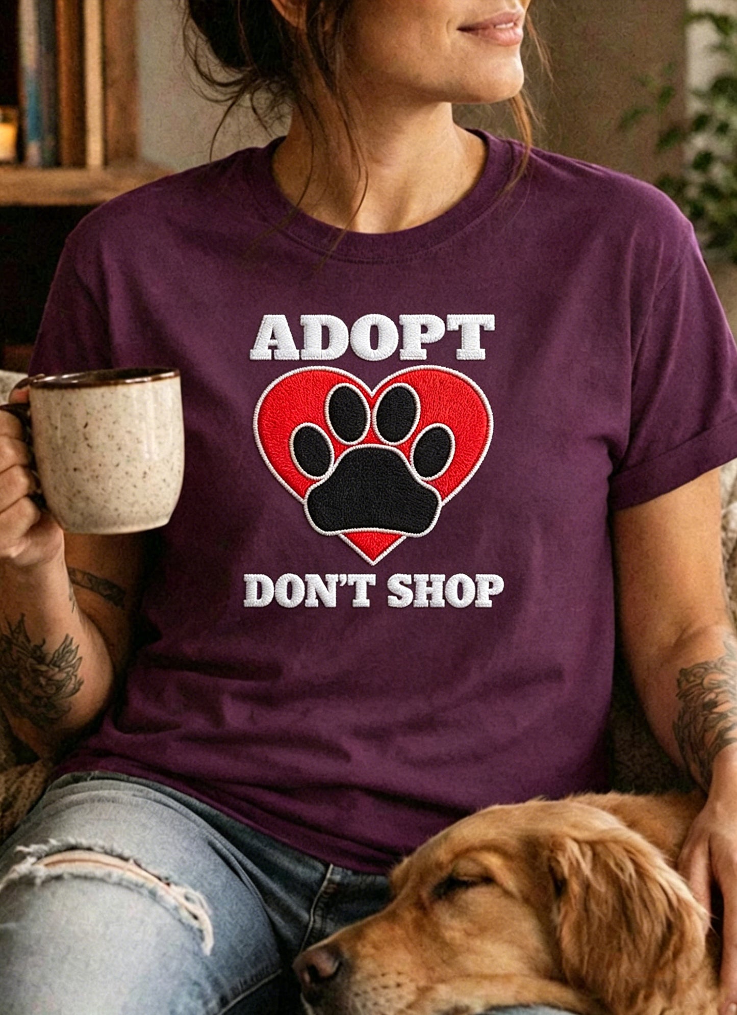 T-shirt femme à manches courtes, ample, à imprimé «Adoptez, ne shoppez pas », motif animalier, style vintage et tendance