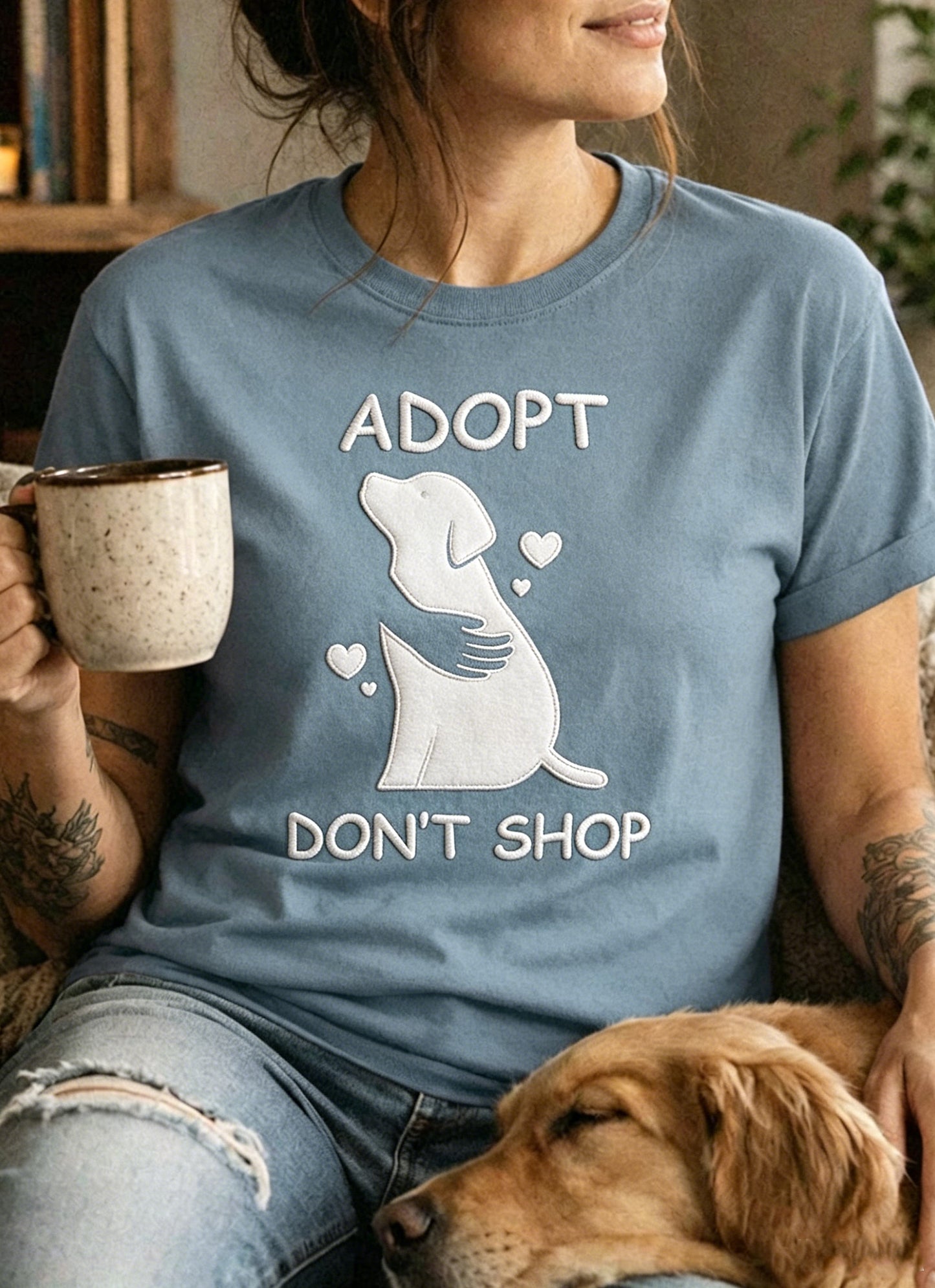 T-shirt femme à manches courtes, ample, à imprimé «Adoptez, ne shoppez pas », motif animalier, style vintage et tendance