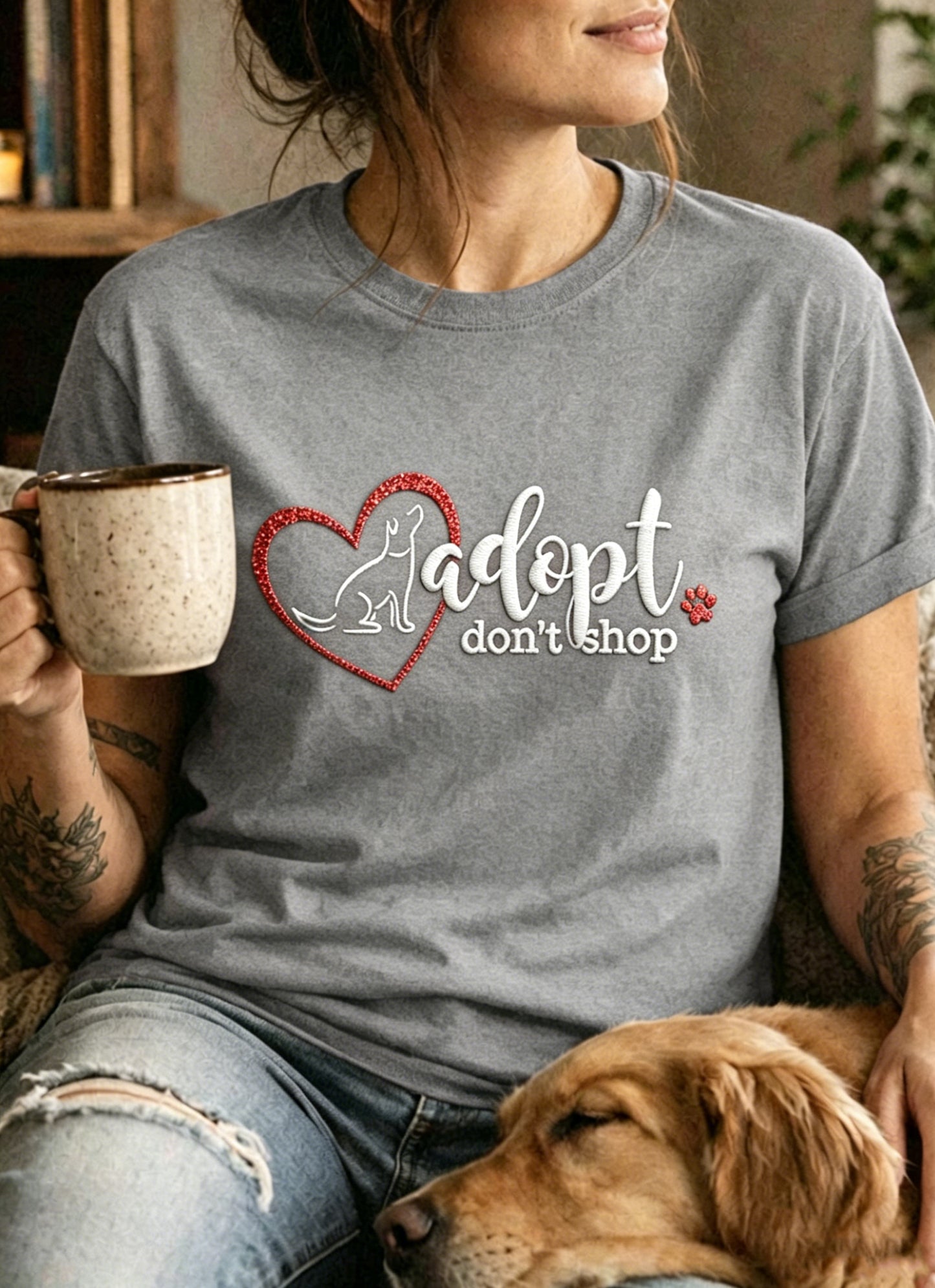 T-shirt femme à manches courtes, ample, à imprimé «Adoptez, ne shoppez pas », motif animalier, style vintage et tendance