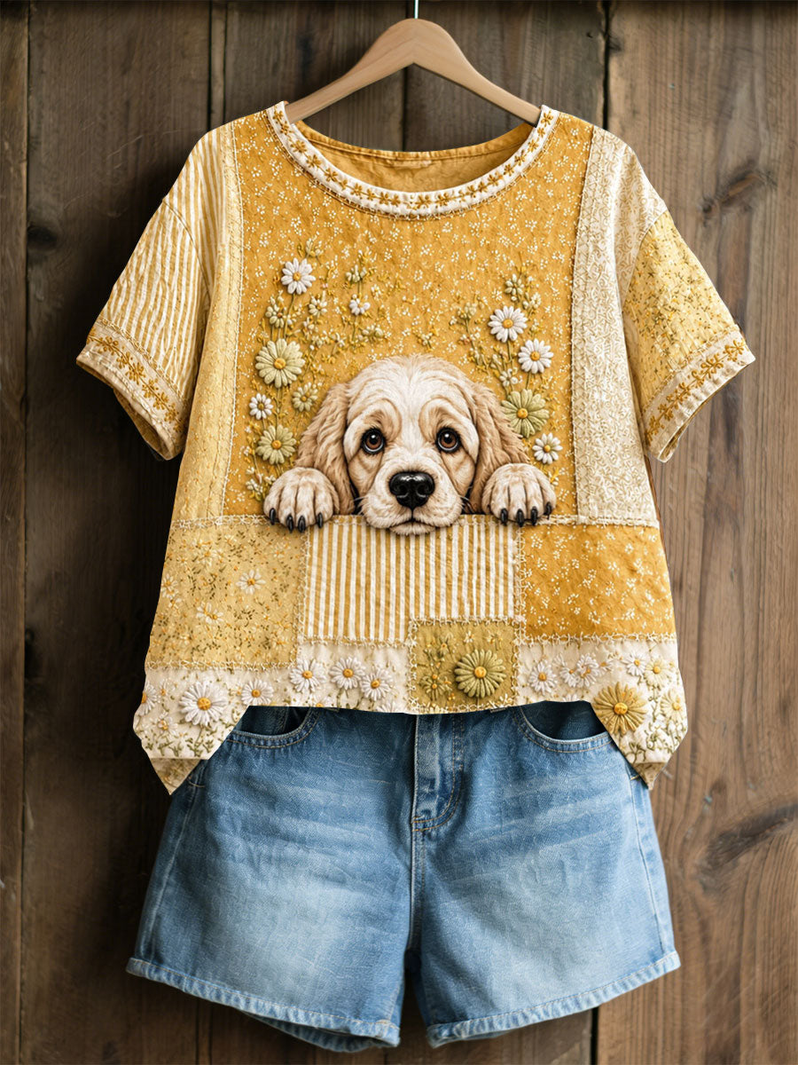 T-shirt en lin décontracté de style pastoral patchwork floral chien pour femmes