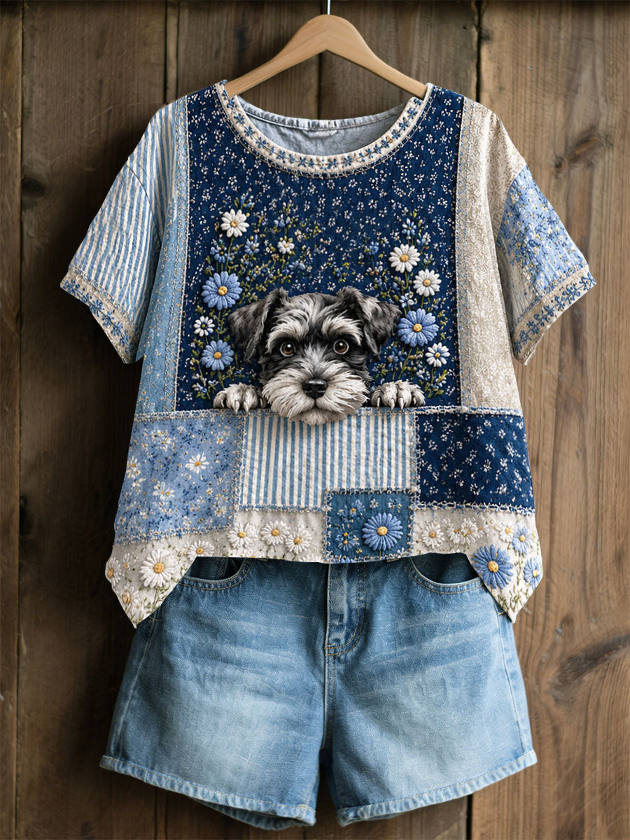 T-shirt en lin décontracté pour femme, motif floral patchwork, style champêtre
