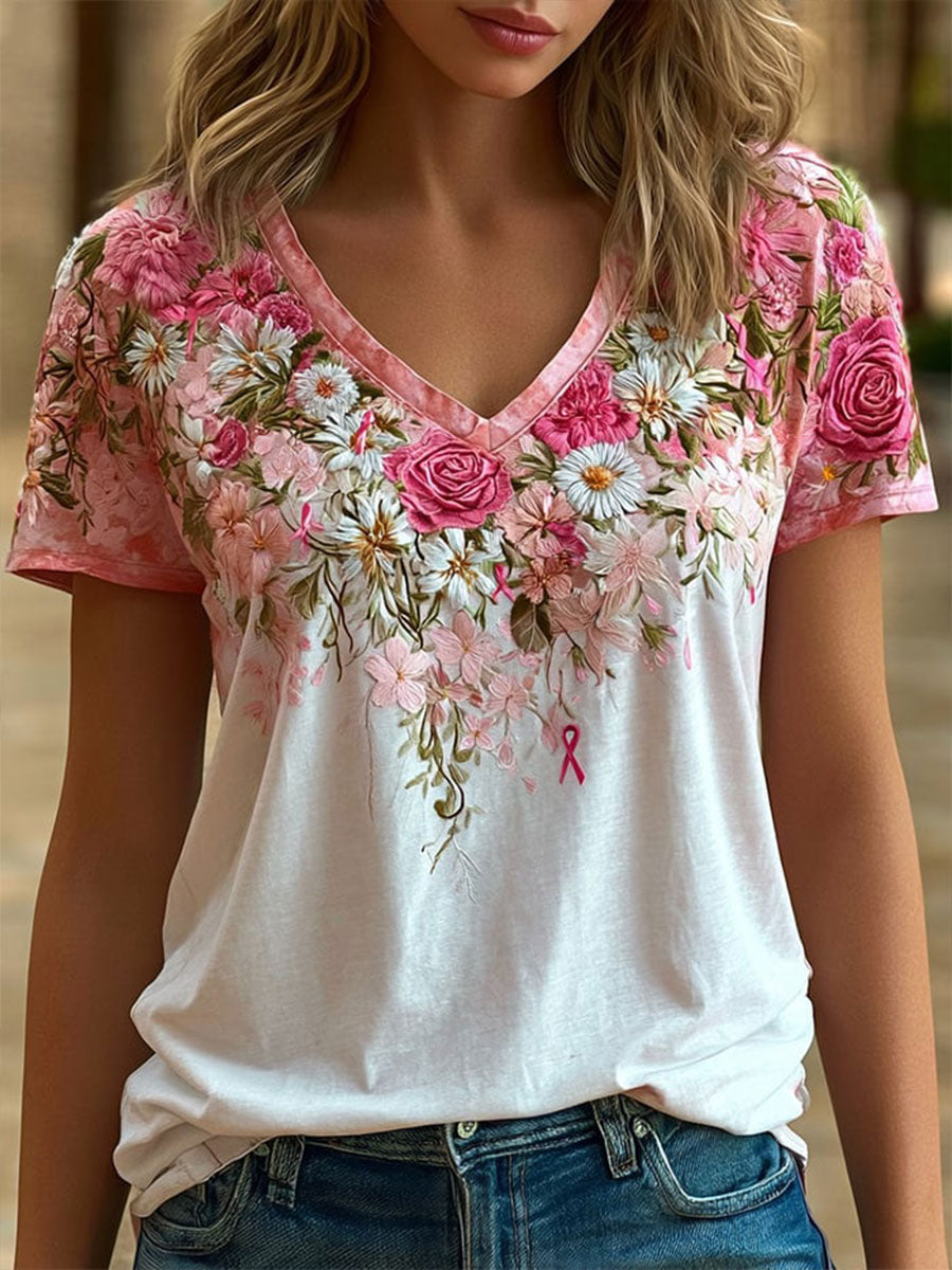 T-shirt à manches courtes Women's Breast Cancer Awareness Flowers
