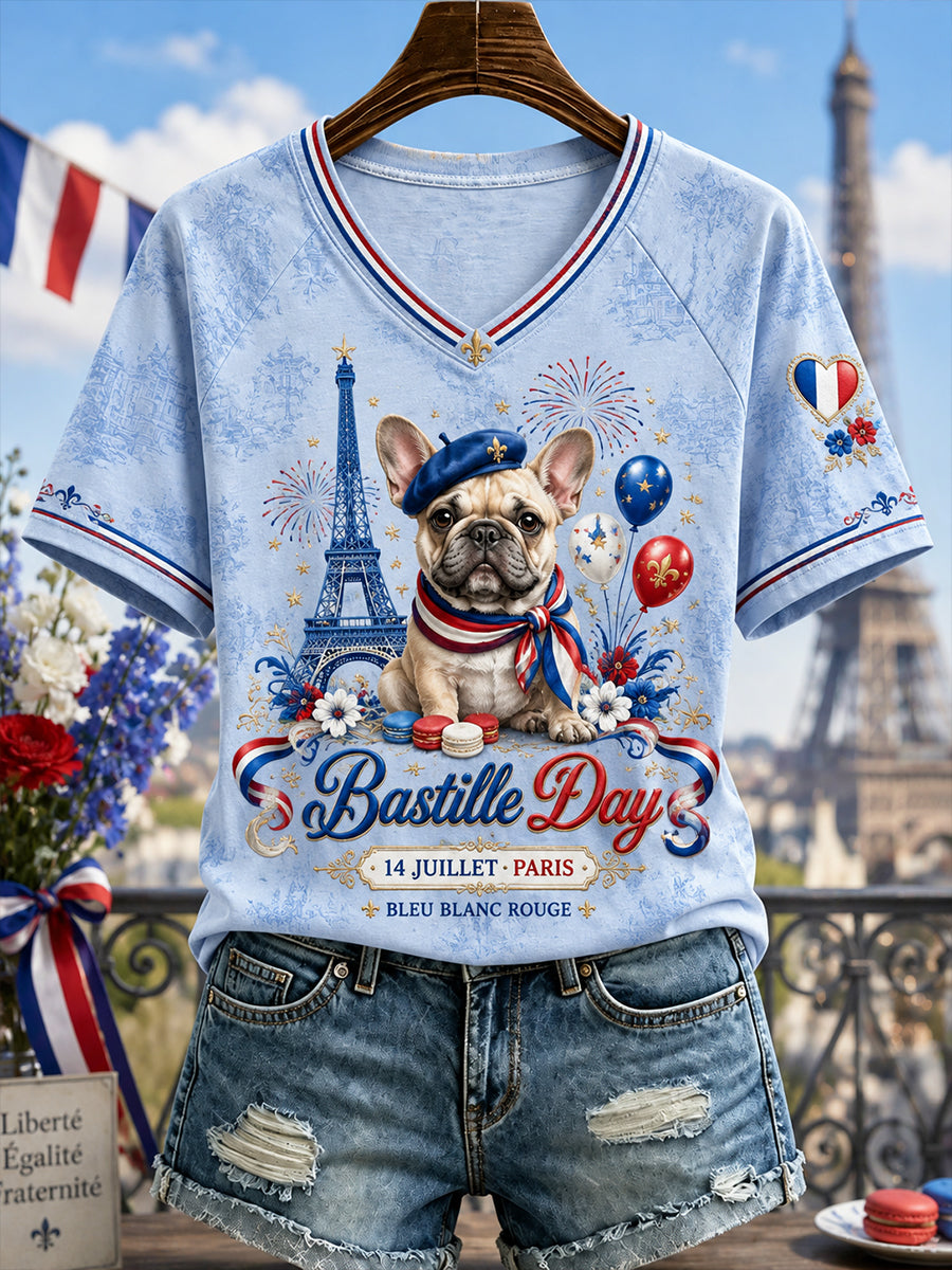 T-shirt femme de la Fête nationale française à col en V et épaules dénudées, manches courtes