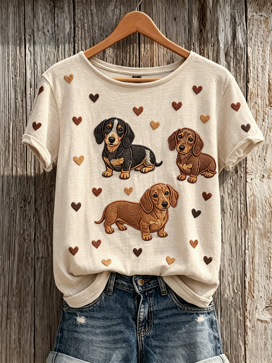 T-shirt femme à manches courtes, motif cœur et chiens teckel, très mignon