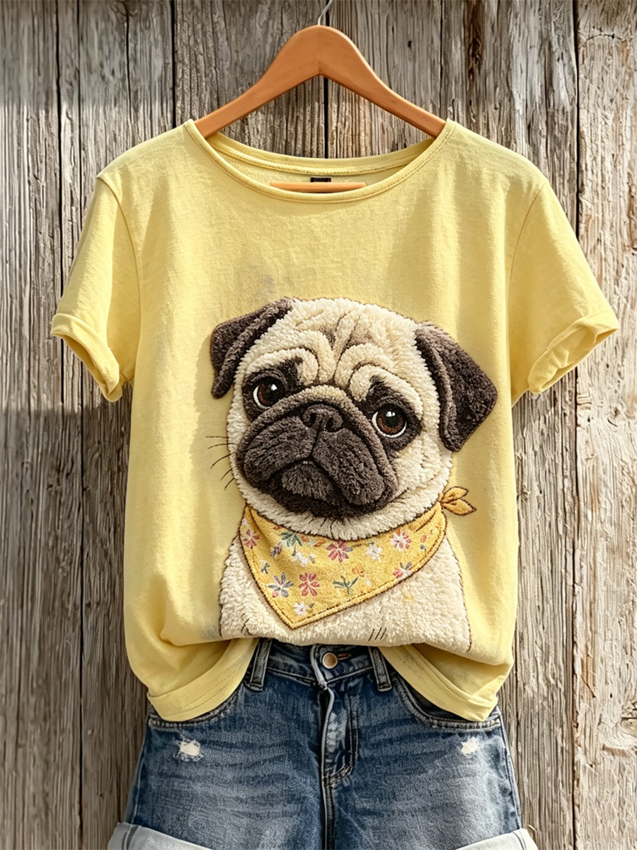 T-shirt manches courtes Fuzzy Pug Dog Print Femme