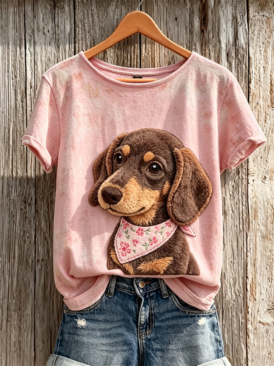 T-shirt à manches courtes Fuzzy Dachshund Dog Print Femme