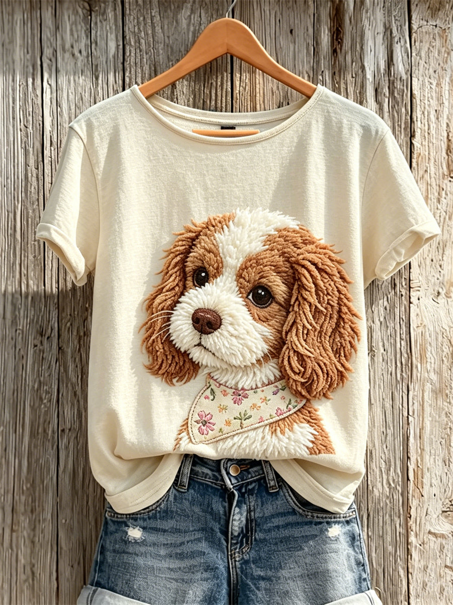 T-shirt manches courtes Fuzzy Cavalier King Charles Spaniel Dog Print Femme