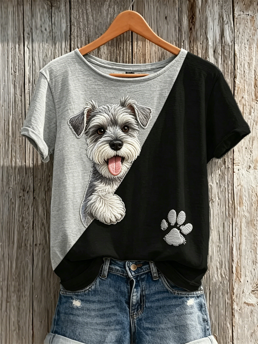 T-shirt Femme Peeking Schnauzer Dog & Paw Print Contrast Print à manches courtes