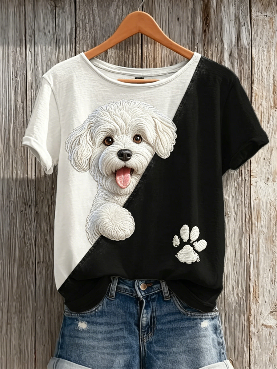T-shirt à manches courtes Peeking Maltese Dog & Paw Print pour femme
