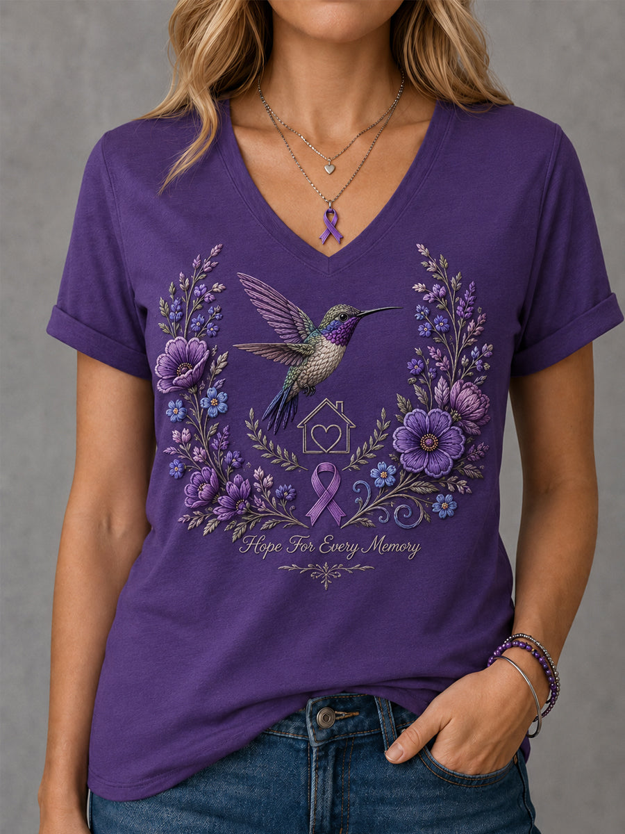 T-shirt à col en V pour femmes, imprimé floral violet et colibris, en soutien à la sensibilisation à la maladie d’Alzheimer