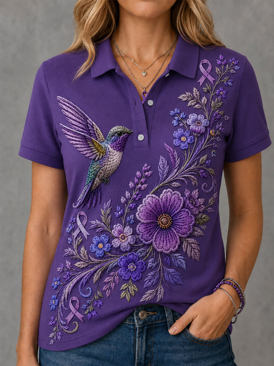 Polo de soutien pour la sensibilisation à la maladie d'Alzheimer violet à imprimé floral et colibri