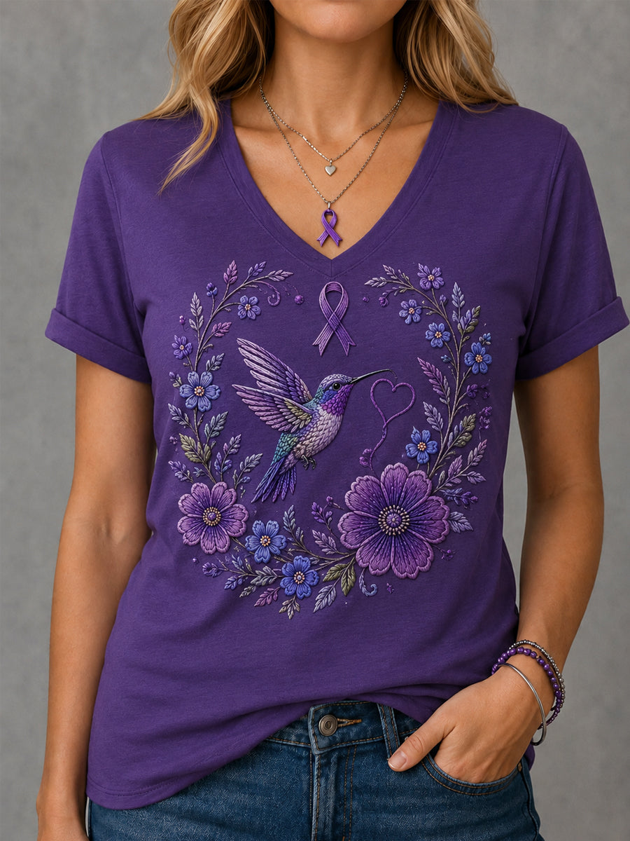 T-shirt à col en V pour femmes, imprimé floral violet et colibris, en soutien à la sensibilisation à la maladie d’Alzheimer