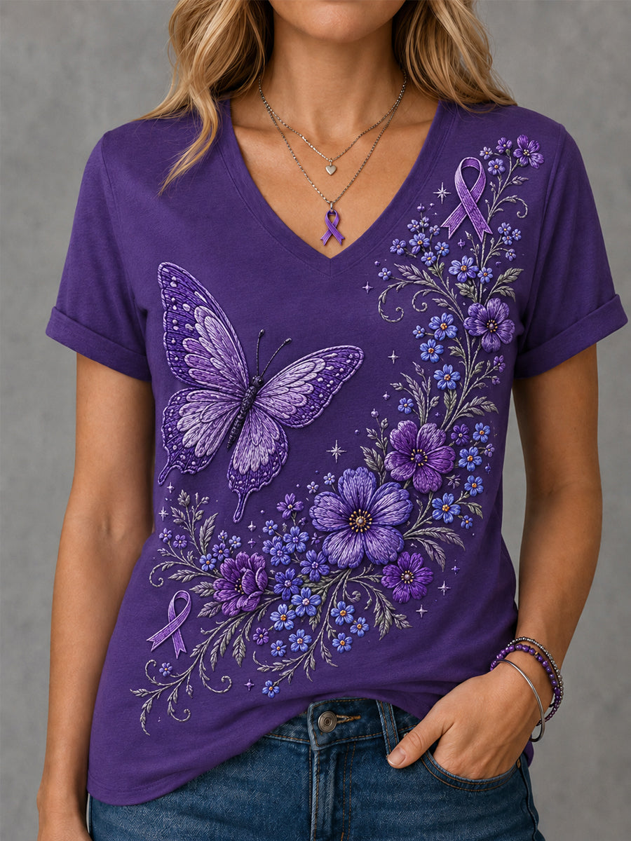 T-shirt à col en V pour femmes, imprimé floral violet et papillons, en soutien à la sensibilisation à la maladie d’Alzheimer