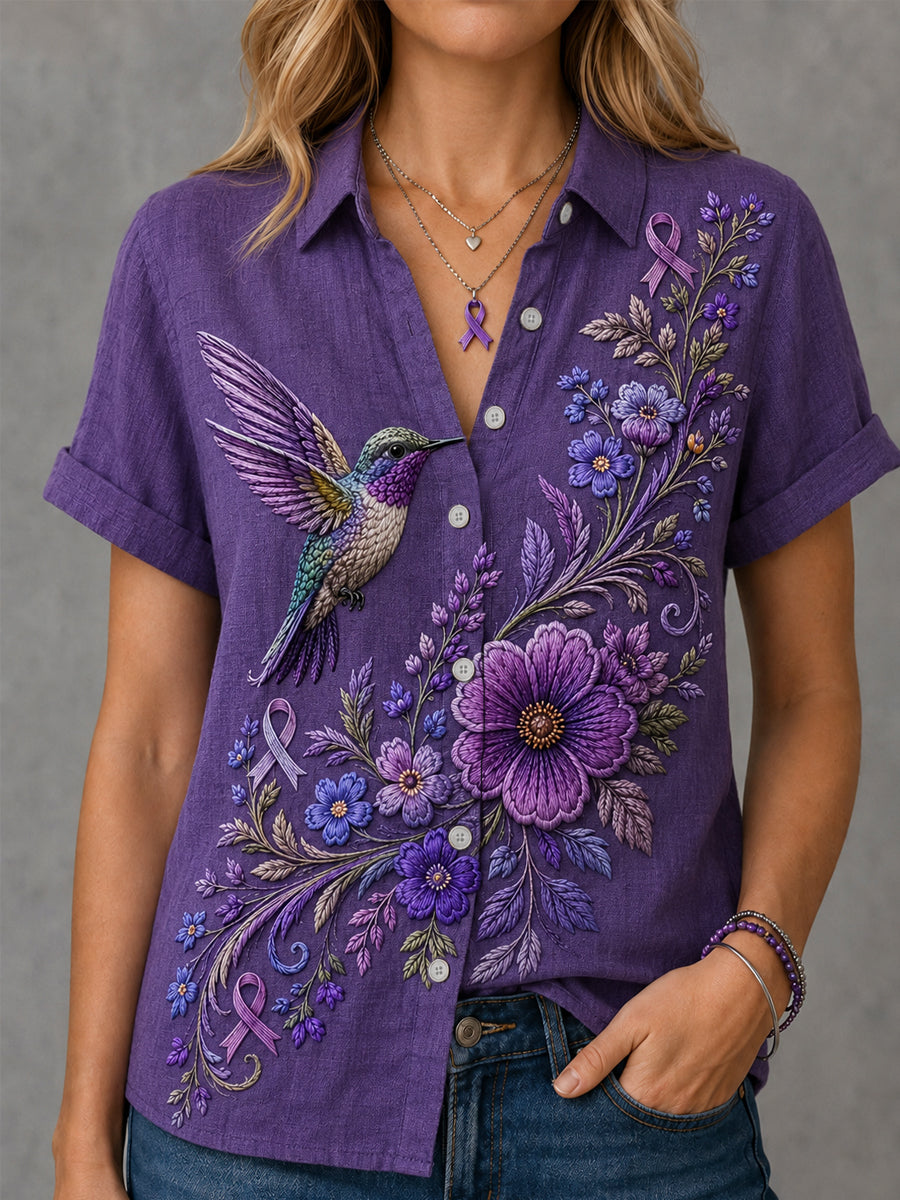 Chemise violette de soutien de sensibilisation à la maladie d'Alzheimer à imprimé floral et colibri pour femme