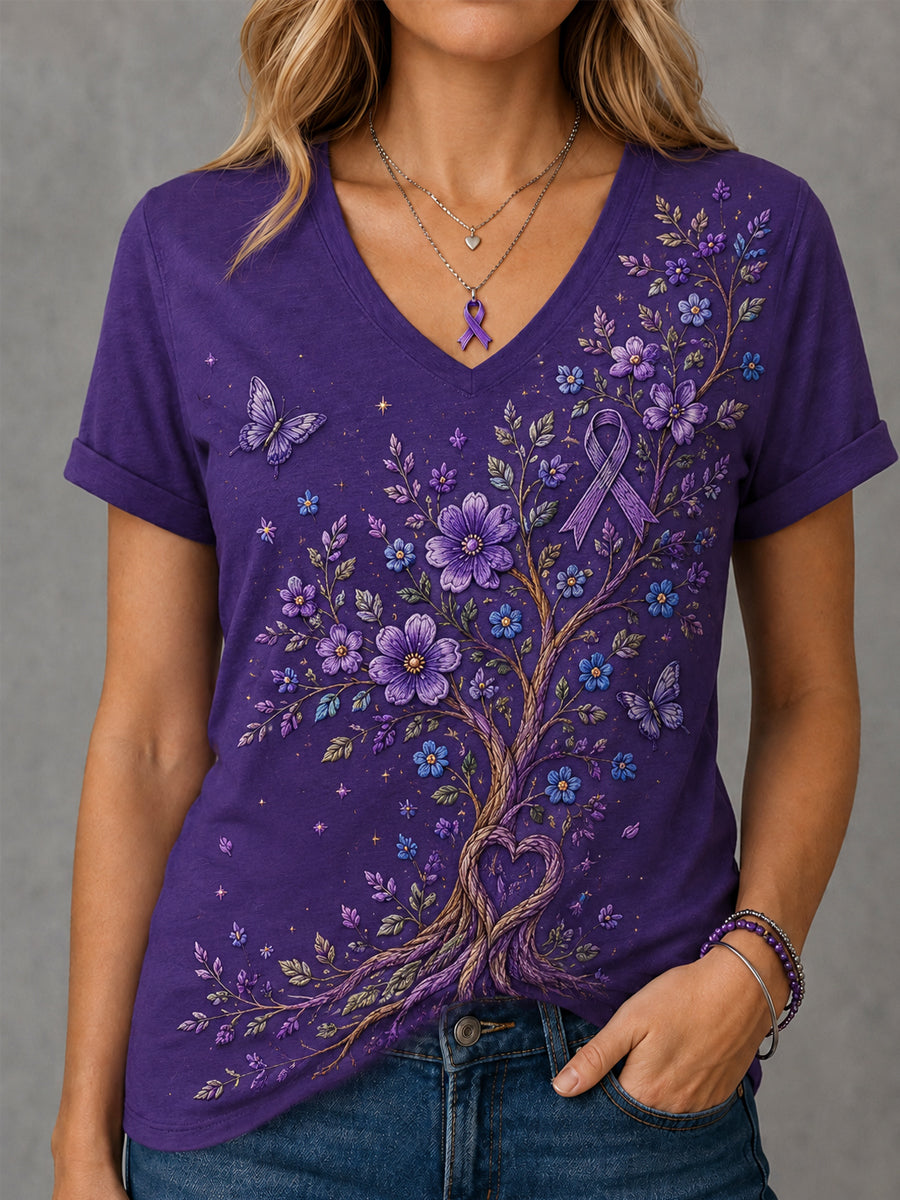 T-shirt à col en V violet imprimé floral et papillon pour femmes Alzheimer's Awareness Support