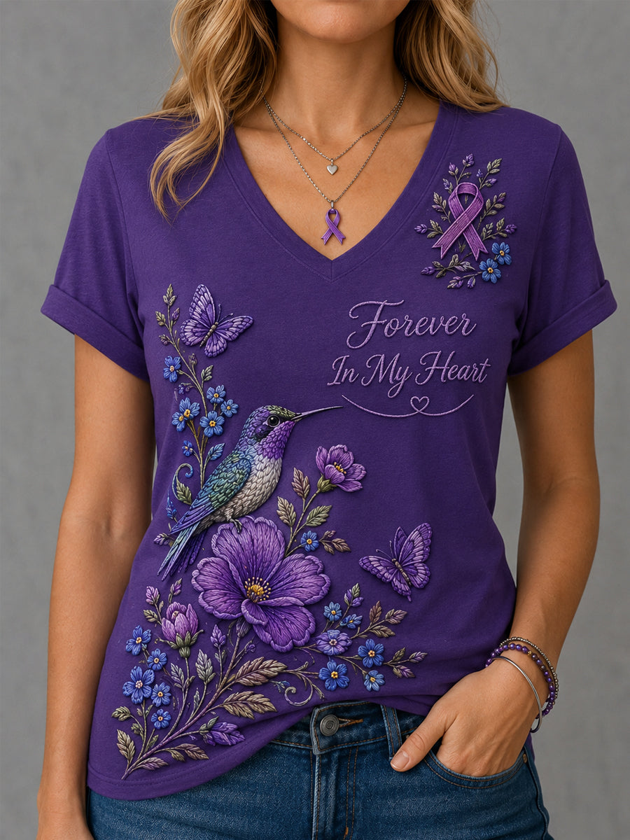 T-shirt à col en V pour femmes, imprimé floral violet et colibris, en soutien à la sensibilisation à la maladie d’Alzheimer