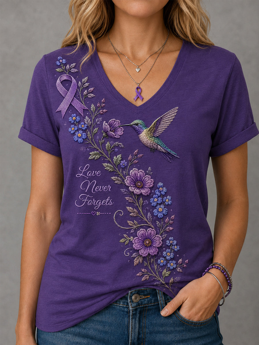 T-shirt à col en V pour femmes, imprimé floral violet et colibris, en soutien à la sensibilisation à la maladie d’Alzheimer