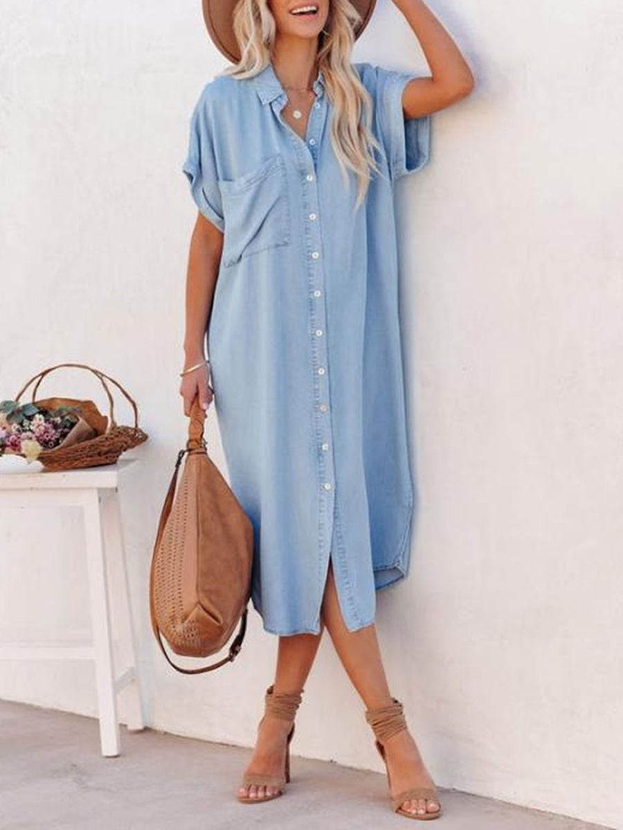 Robe chemise légère mi-longue en denim pour femmes