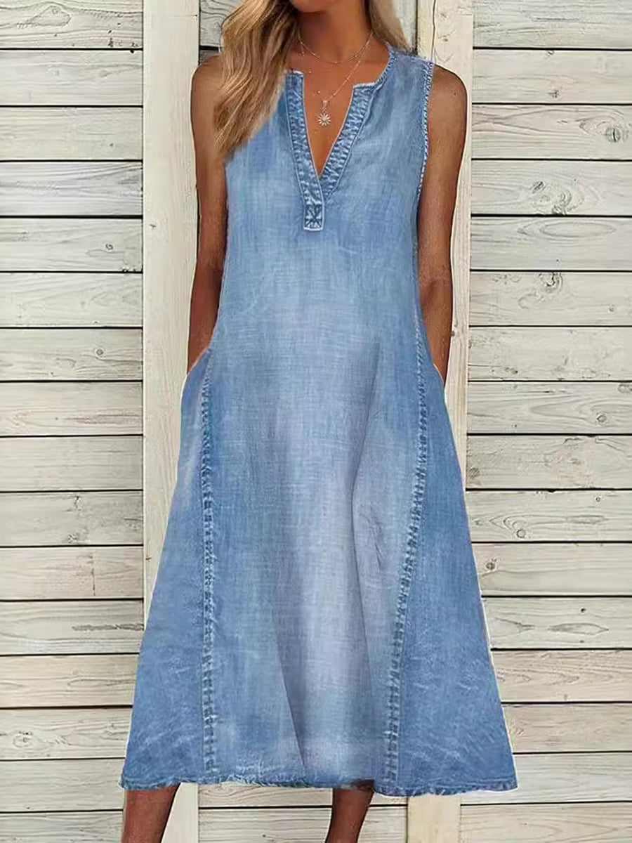 Robe en denim à col en V sans manches élégante pour femmes