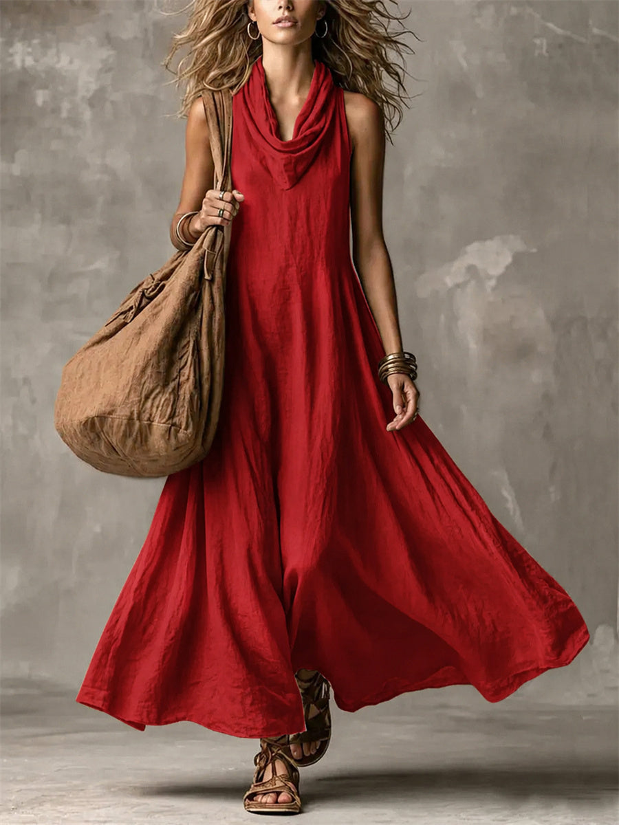 Simple col bénitier Flowy large jupe Maxi Dress des femmes