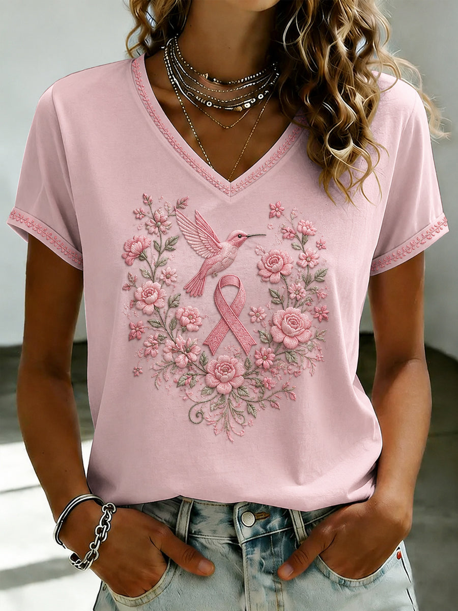 T-shirt Femme à Col en V Imprimé Fleurs Rose Cancer Du Sein