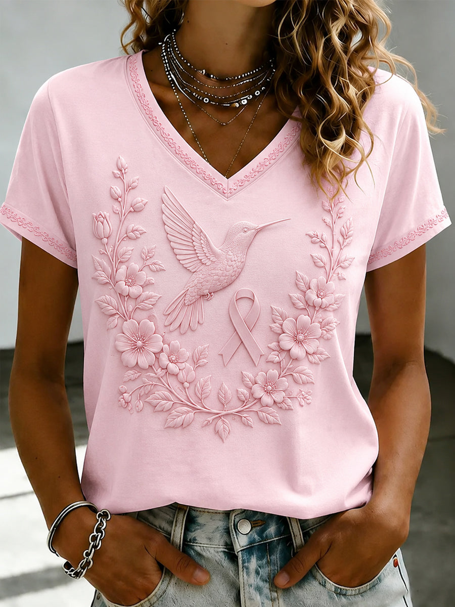 T-shirt à col en V imprimé de fleurs roses pour le cancer du sein chez la femme