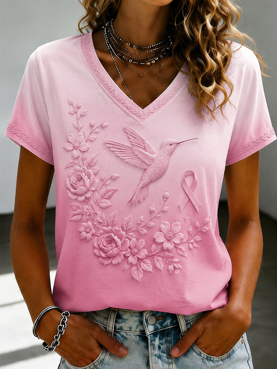 T-shirt à col en V imprimé de fleurs roses pour le cancer du sein chez la femme
