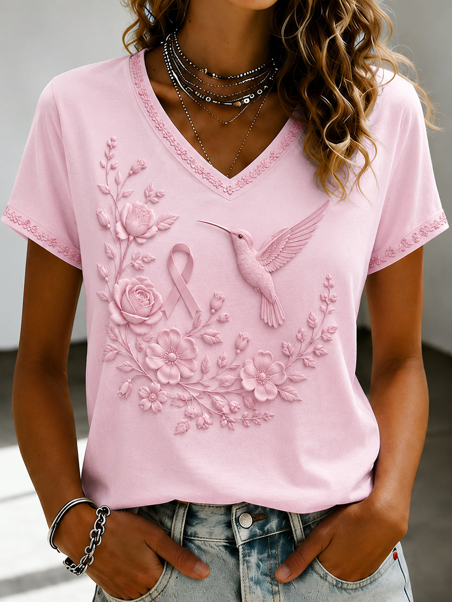 T-shirt à col en V imprimé de fleurs roses pour le cancer du sein chez la femme