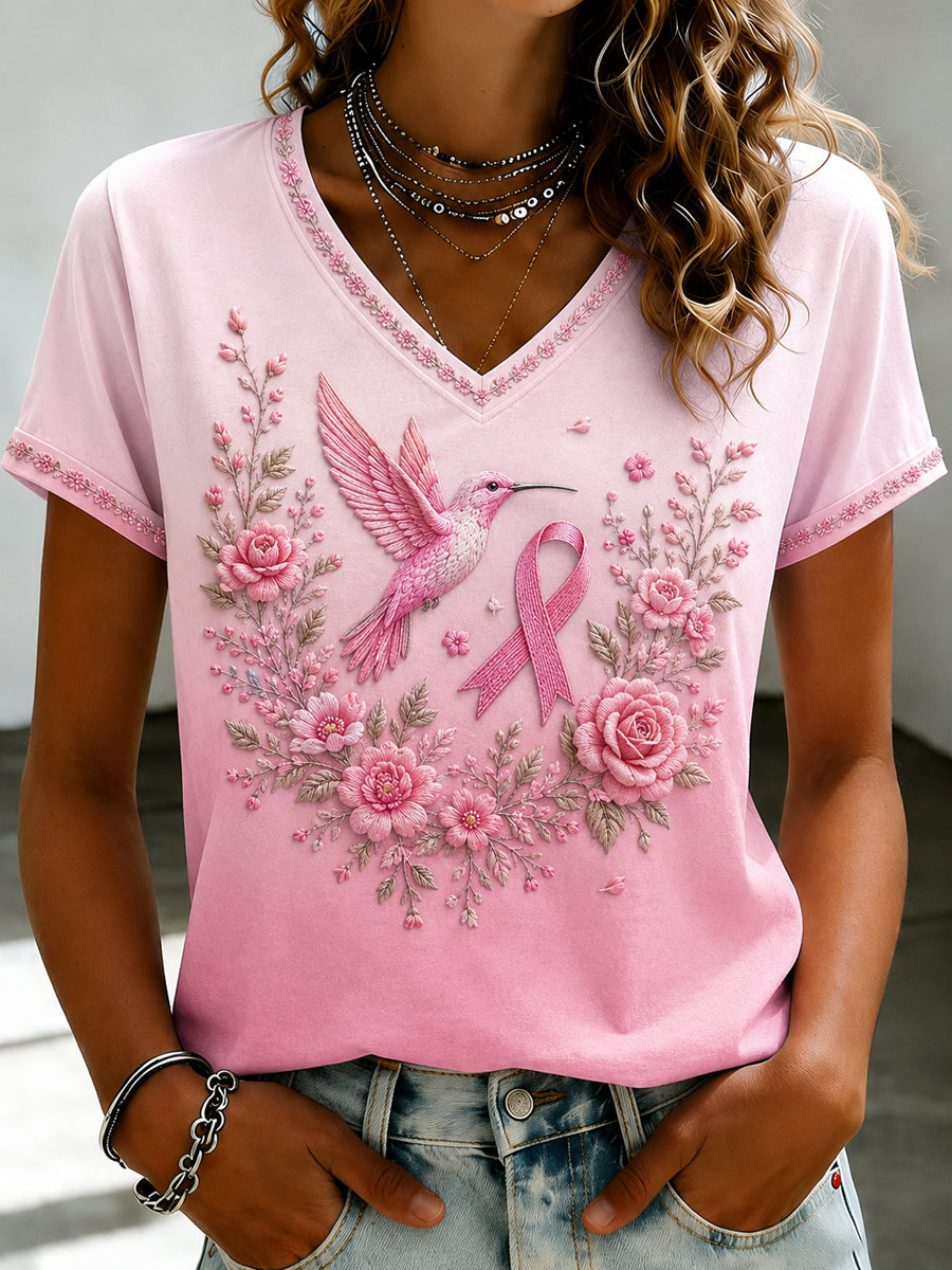T-shirt à col en V imprimé de fleurs roses pour le cancer du sein chez la femme