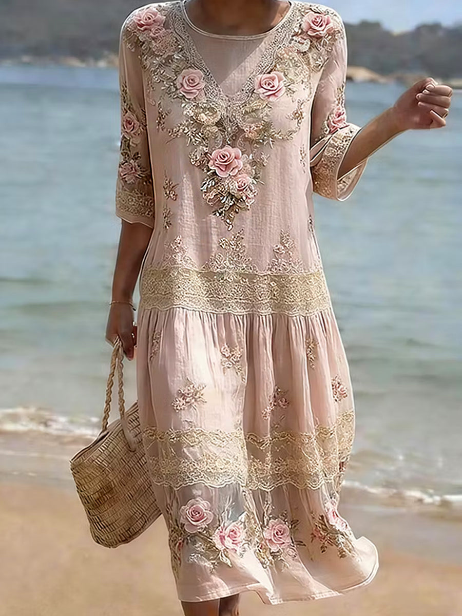 Vintage col en V bohème imprimé floral élégant Chic Loose Midi Dress