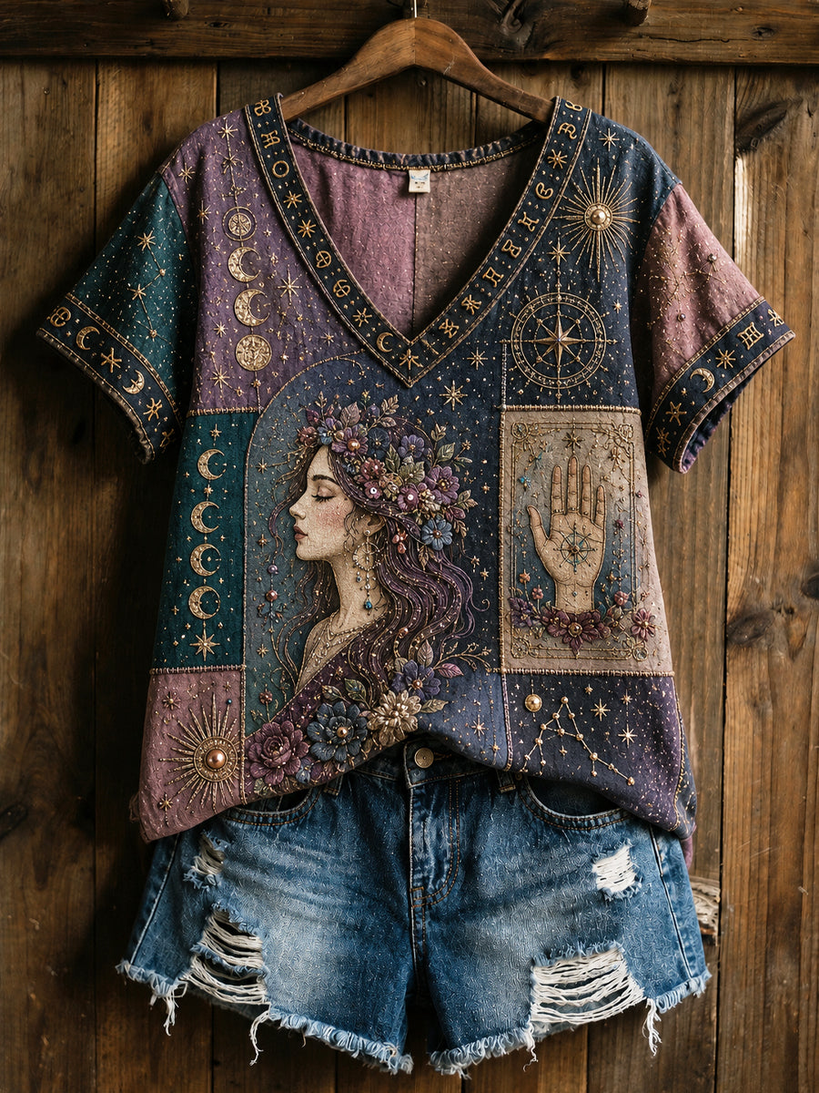 Rétro Astrologie Guérison Art Casual V-Neck Coton-Lin T-Shirt