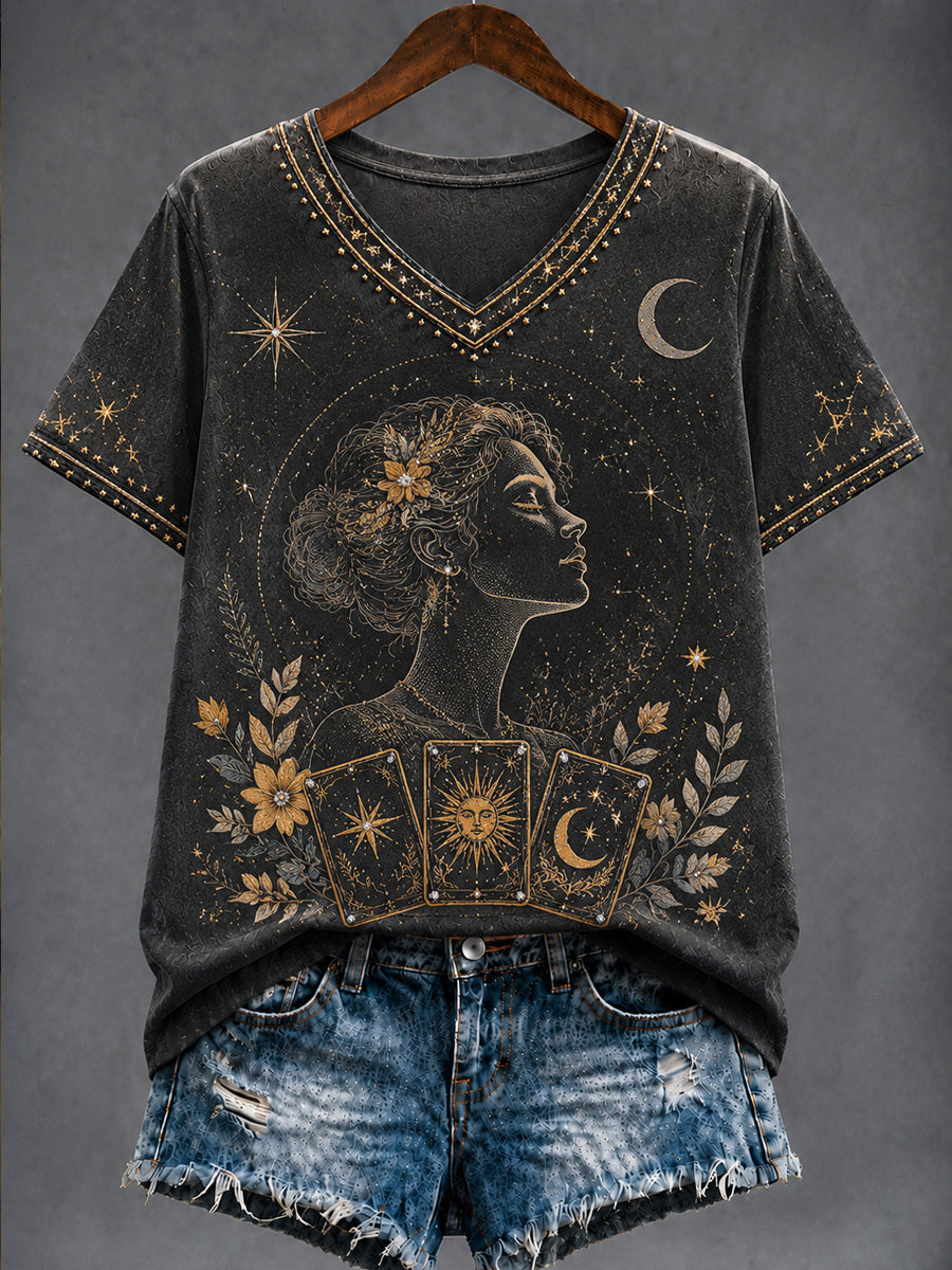 Rétro Astrologie Zodiaque Art Casual V-Neck T-Shirt