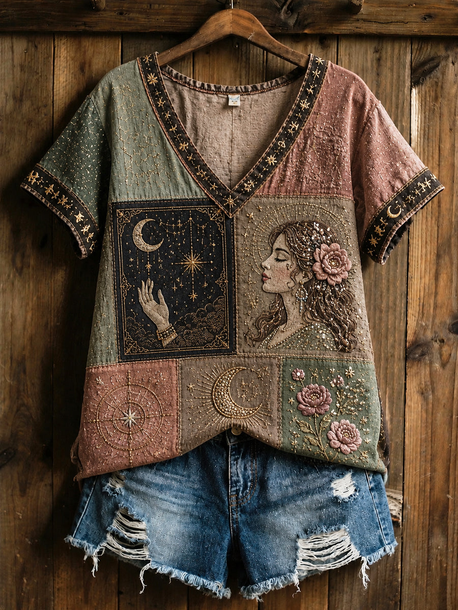Rétro Astrologie-inspiré, décontracté-Fit V-Neck coton-lin T-Shirt
