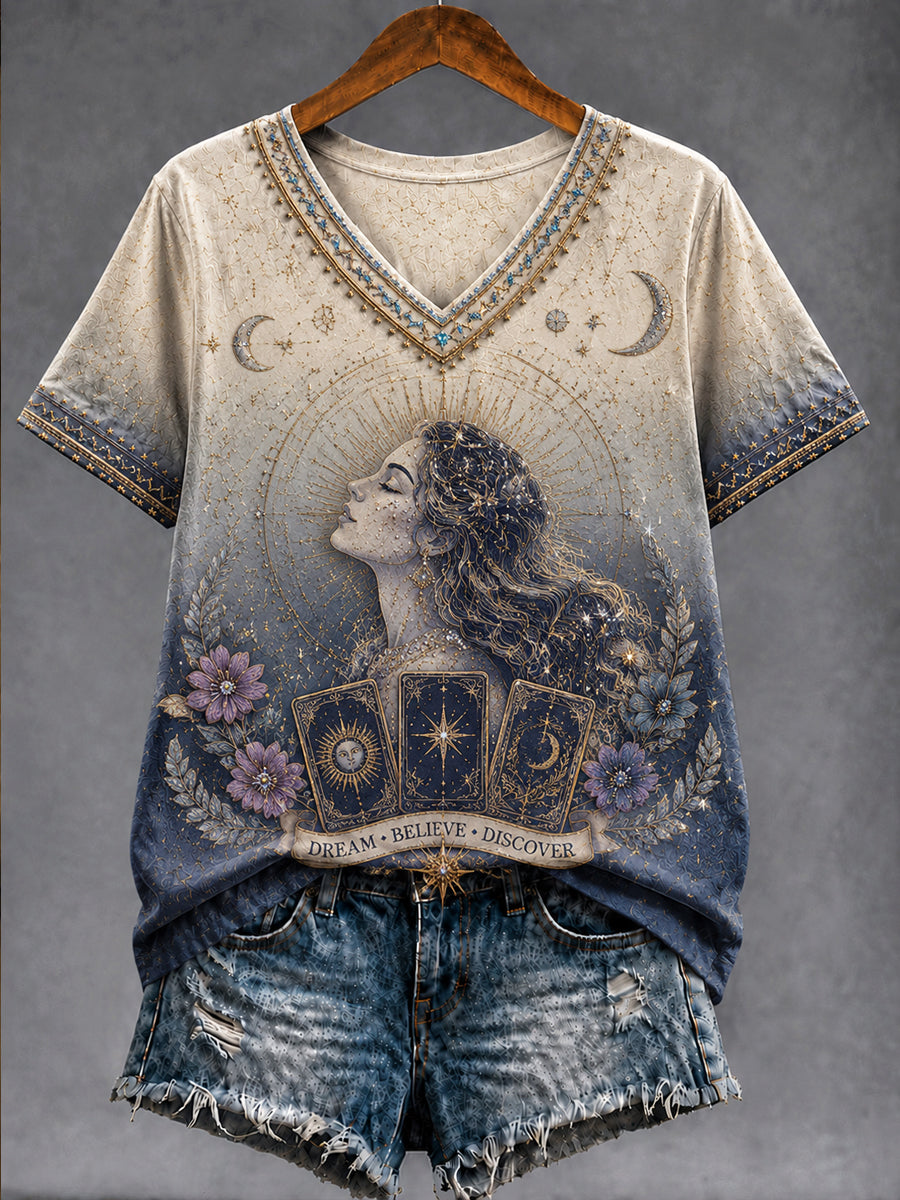 Rétro Astrologie Zodiaque Dégradé Casual V-Neck T-Shirt