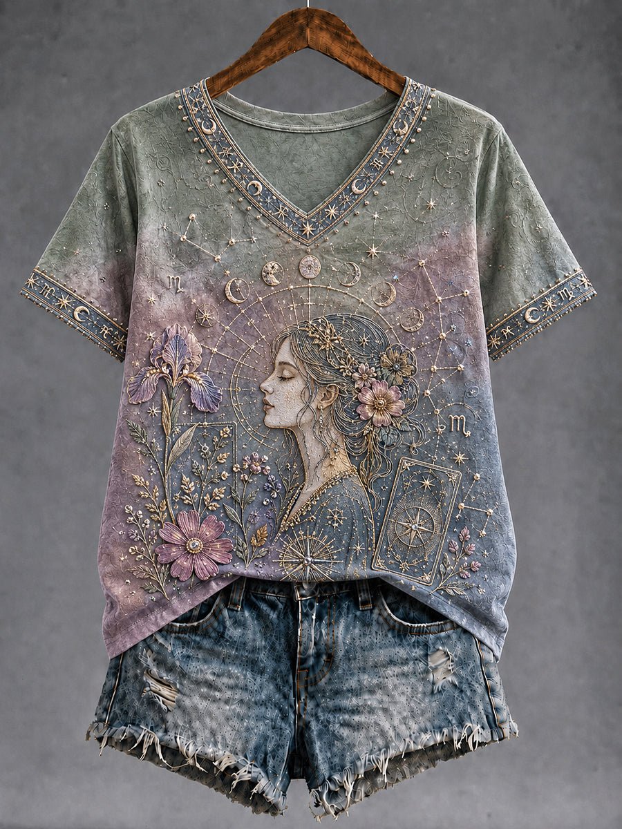 Rétro Astrologie Zodiaque Guérison Gradient Casual V-Neck T-Shirt