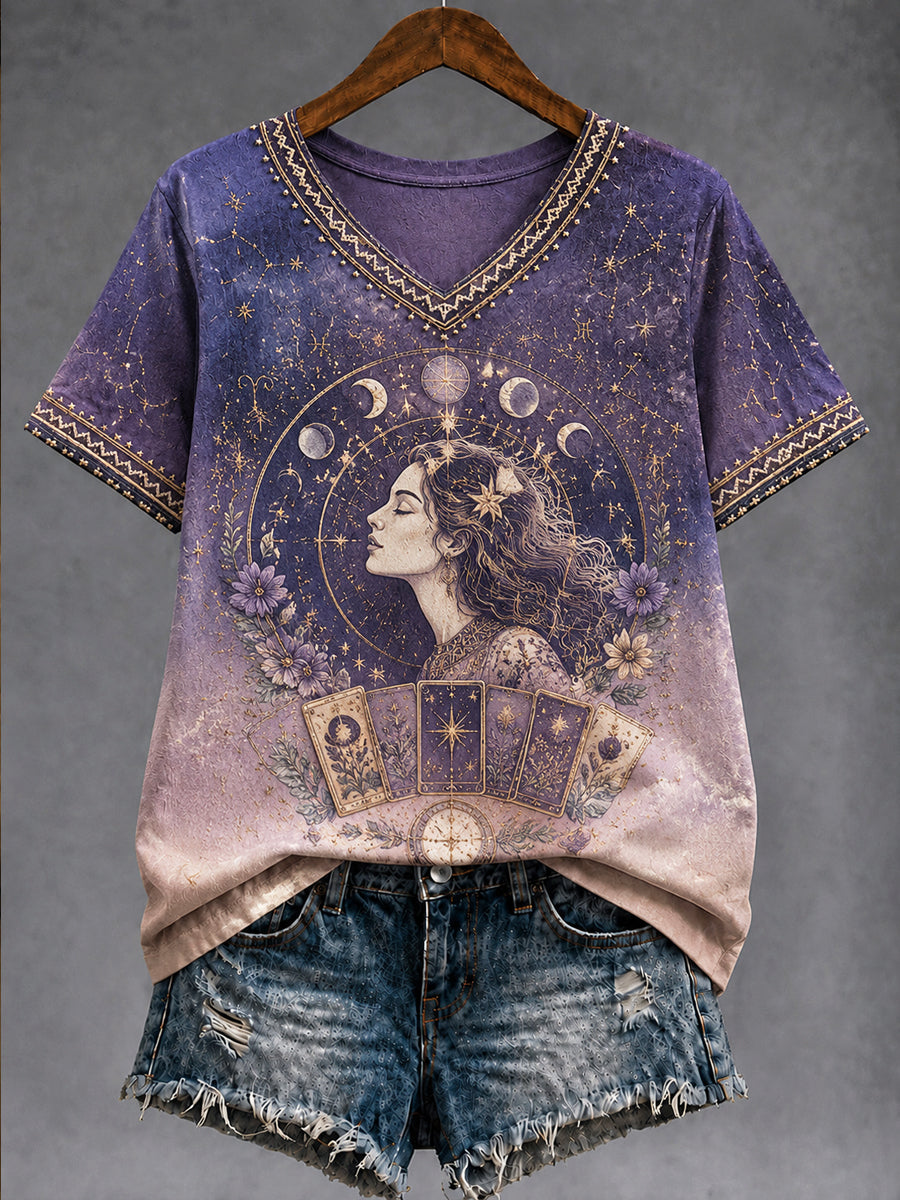 Rétro Astrologie Zodiac Art Dégradé Casual V-Neck T-Shirt